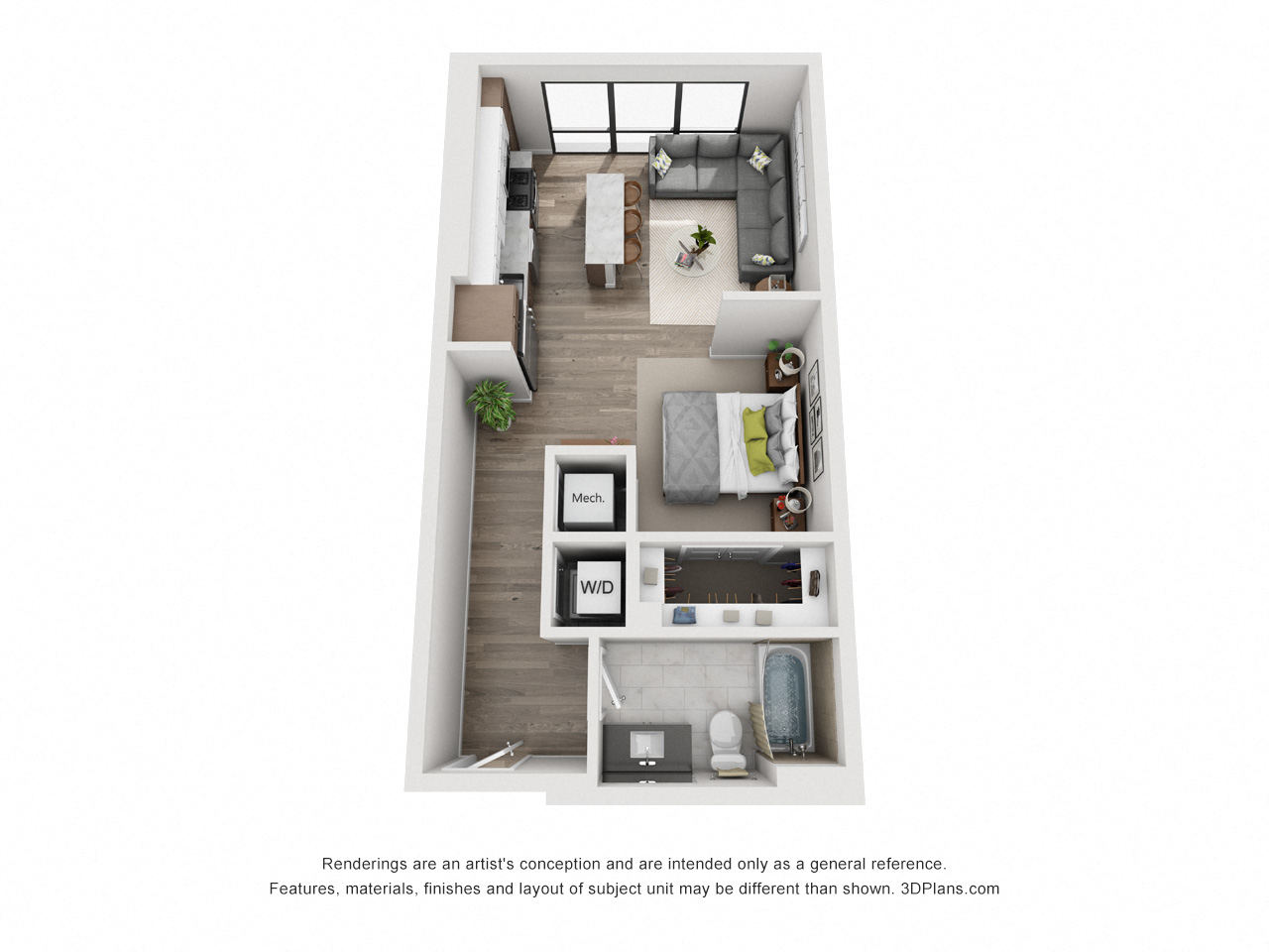 Floor plan for studio, 1 bath, 579 sqft